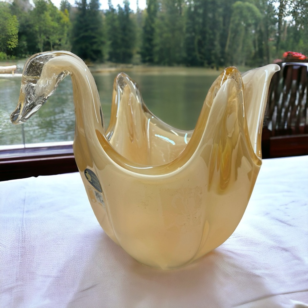 Murano Art Glass Sommerso Handkerchief Swan Bowl Vintage
